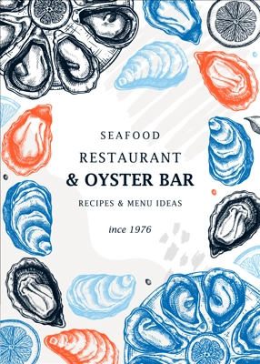 Hand-drawn oysters trendy menu template. Hand sketched cooked sea food illustrations. Collage with oysters hand-drawing. Mollusks modern card or banner design in sketched style. 